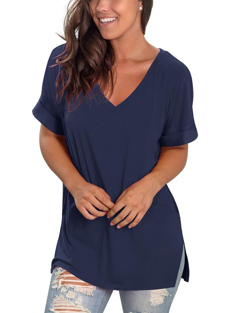 SAMPEEL Juniors Short Sleeve Tunic Tops Flowy Summer Loose Fit Tees Tops Navy Blue XL - Image 4